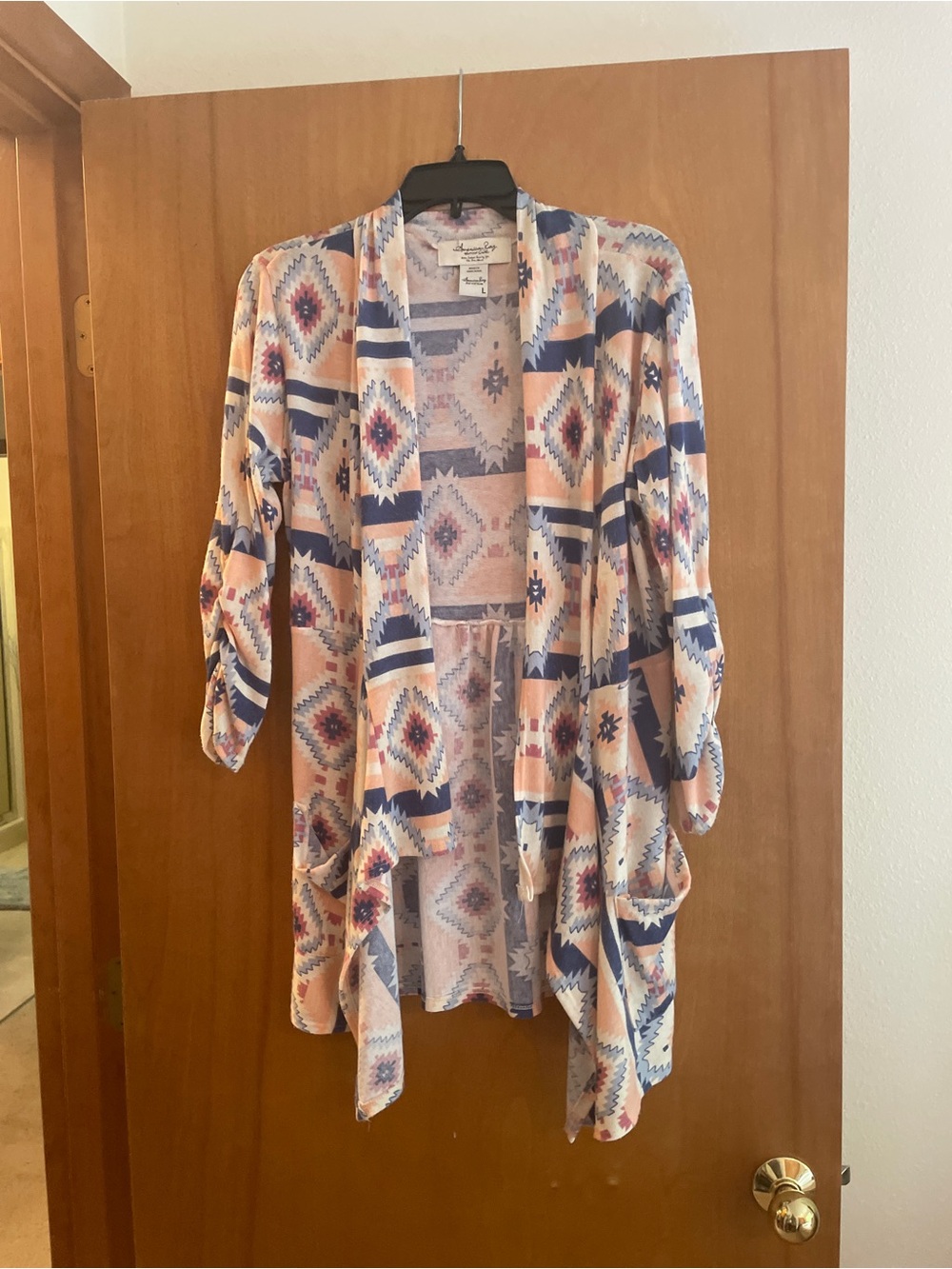 American Rag Aztec Open-Front Cardigan in Peach, Navy & Cream